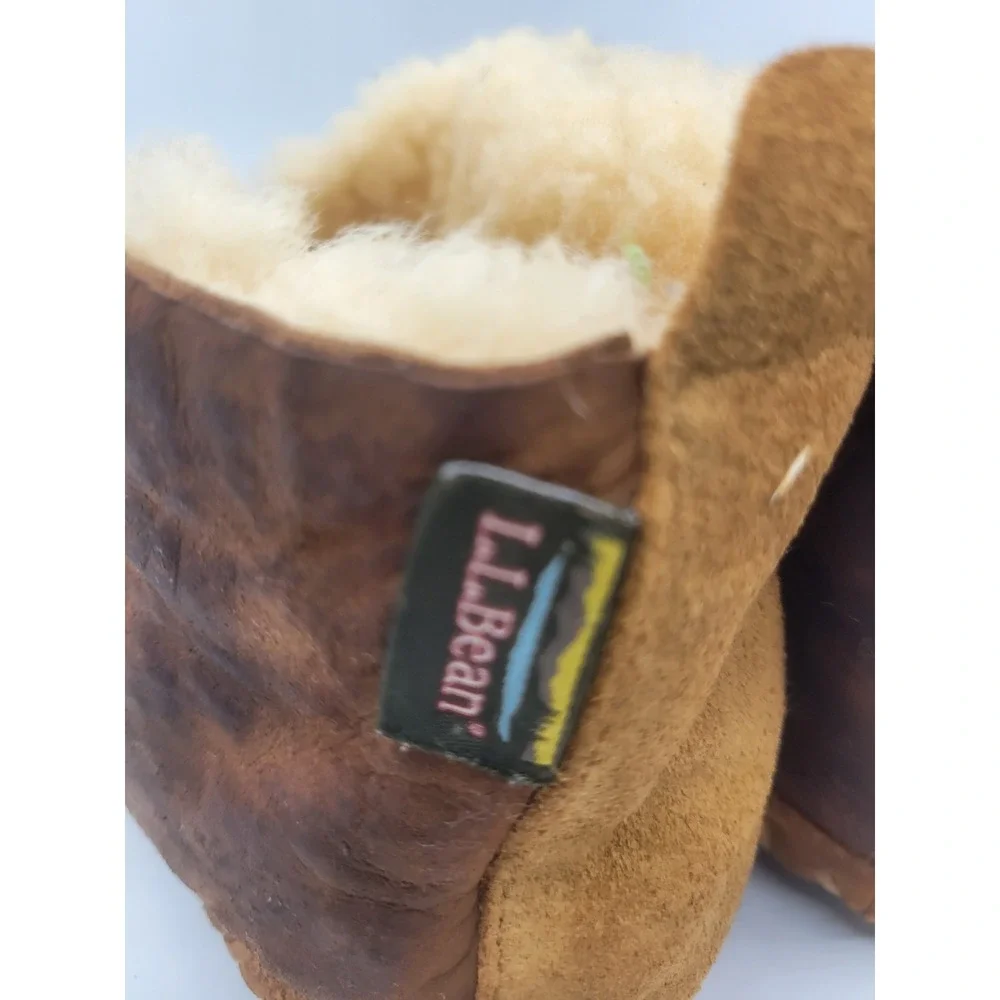 LL Bean Wicked Good Shearling Moccasin Slippers Brown Leather Mens 8 M